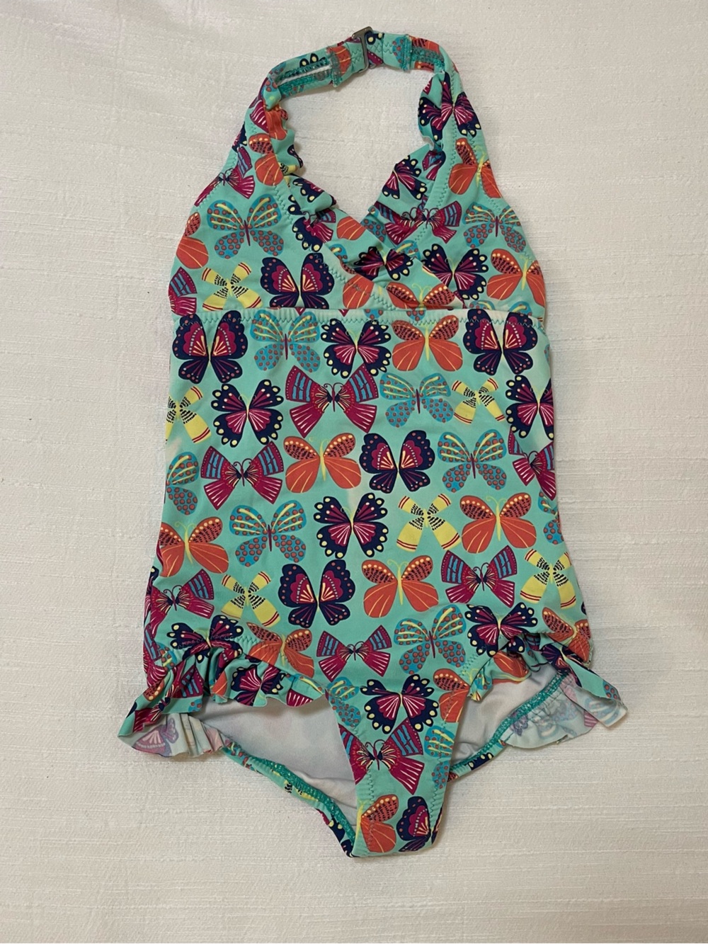 Garnet Hill Aqua One-Piece Swimsuit with Multicolor Butterfly Print